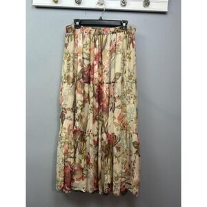 Krazy Kat Skirt Womens XL Beige Floral Tiered Maxi Boho Peasant Elastic Waist